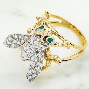 14k Yellow Gold Diamond and Emerald Bee Ring Size 6